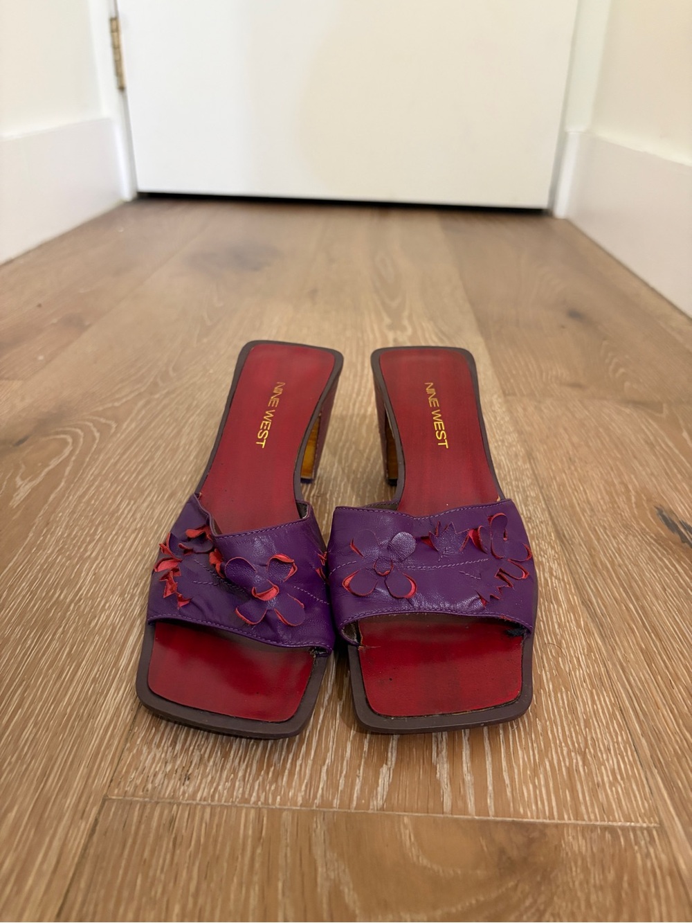 Nine West Purple Slide Sandals with Red Insole and Floral Cutouts